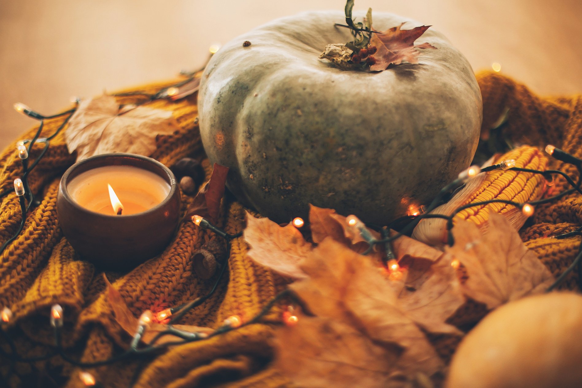 Hello Autumn. Cozy Moody Image. Pumpkins, Autumn Leaves, Candle,